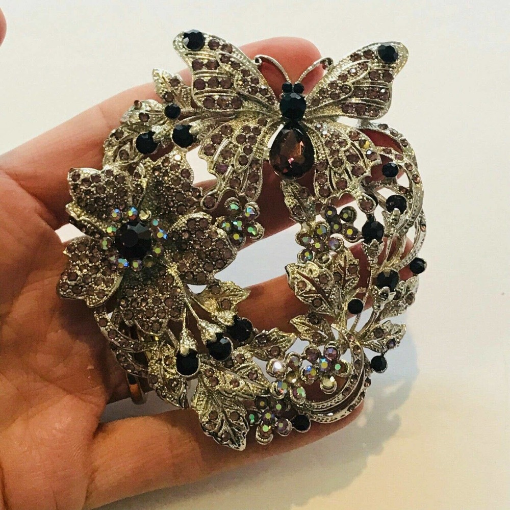 Large Brooch Butterfly Flowers Purple Silver Tone Statement Runway 3" by 4" Huge
